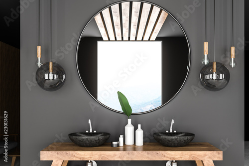 Gray bathroom interior, double sink
