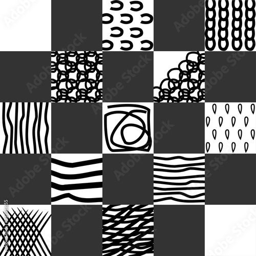 Seamless abstract hand drawn pattern with black strokes on a white background