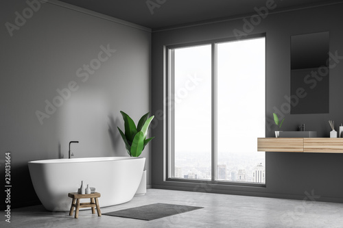 Gray bathroom corner  sink and tub