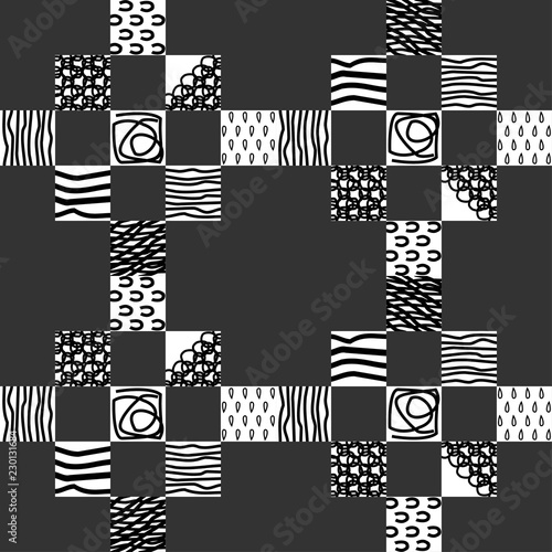 Seamless abstract hand drawn pattern with black strokes on a white background