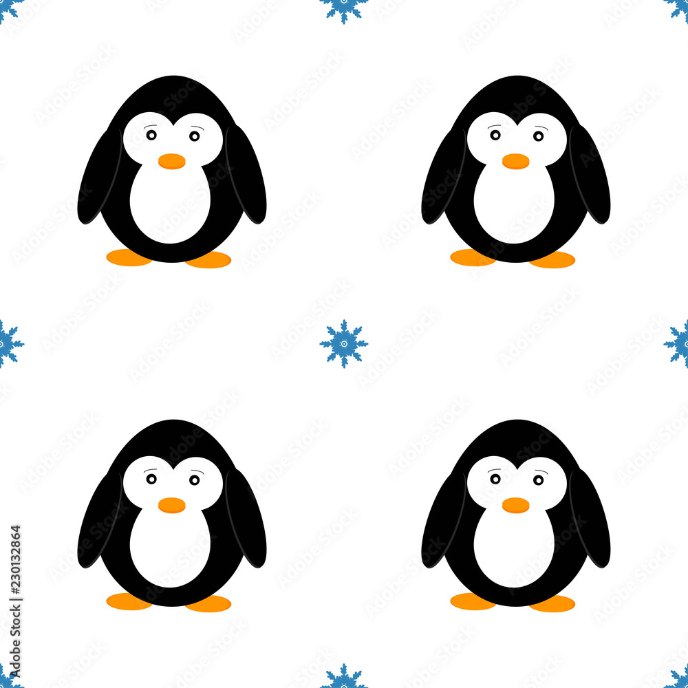 Fototapeta premium Seamless pattern with penguins and snowflakes. Cute penguin cartoon vector illustration. Winter animals pattern.
