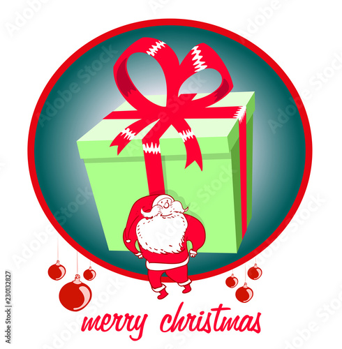 santa claus carrying huge gift box, cartoon style vector illustration with text "merry christmas".