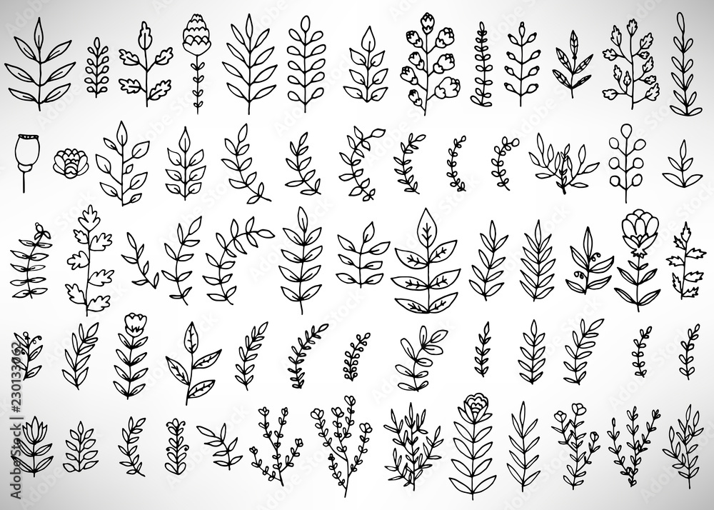Big set of black hand drawn thin line cute doodle floral icons, flowers, peony, laurel, wreath. Design element collection isolated on white. Vector illustration. Big set of black hand drawn thin line cute doodle floral icons, flowers, peony, laurel, wreath. Design element collection isolated on white. Vector illustration.