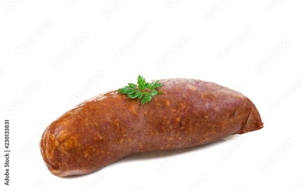 Morteau sausages wirg parsley in front of white background Morteau sausages wirg parsley in front of white background