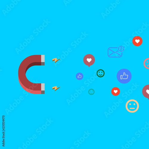Social media concept vector illustration with magnet engaging followers and like