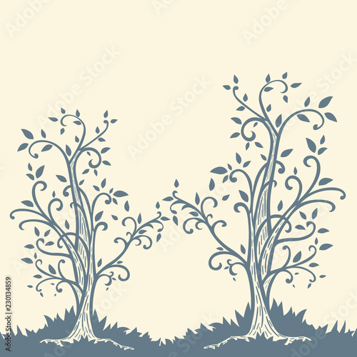 Leaflet with hand drawn pastel curly trees and empty space for your text isolated on beige background. Vector illustration.
