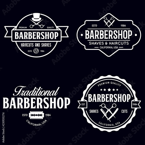 Set of vintage barbershop labels. Templates for the design of logos and emblems. Collection of barbershop - symbols razor, pole, scissors.