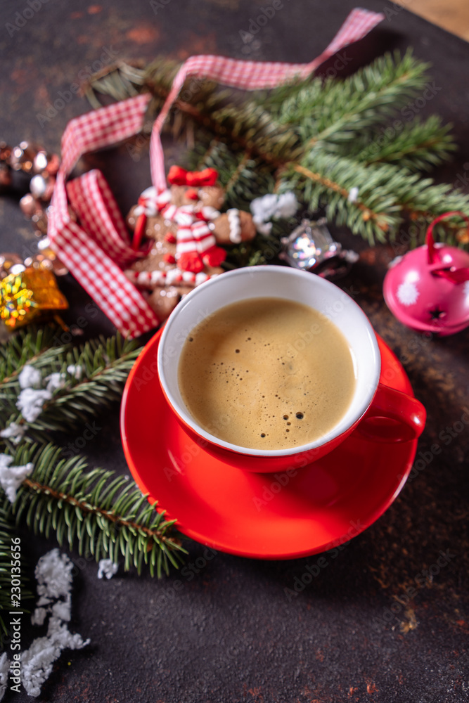 Coffee espresso, red cup of coffee and Christmas decorations on dark background. Coffee espresso, red cup of coffee and Christmas decorations on dark background.