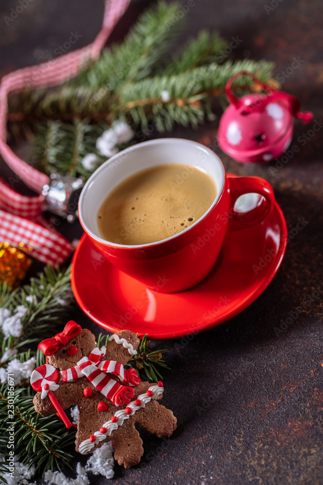 Coffee espresso, red cup of coffee and Christmas decorations on dark background. Coffee espresso, red cup of coffee and Christmas decorations on dark background.