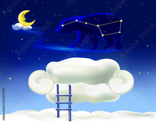 Ursa Major constellation on night sky and the sofa cloud with a ladder. Great Bear constellation (with lines). Vector illustration.