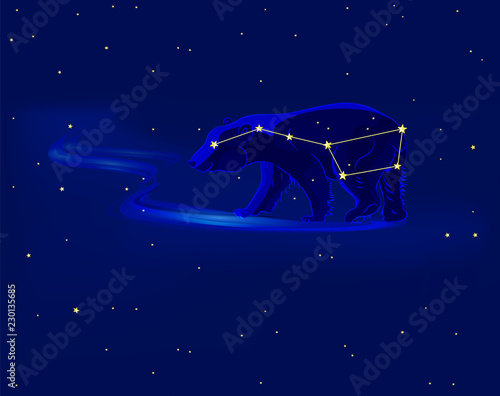 Ursa Major. Cute polar bear. The great bear star. Vector illustration with constellation.