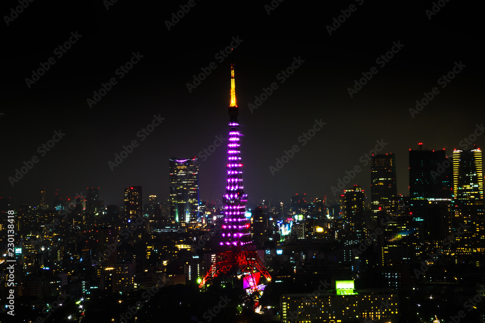 Aerial view of Tokyo Skyline at night with illuminated Tokyo Tower, icon and landmark of Minato Distric in Tokyo, Japan.