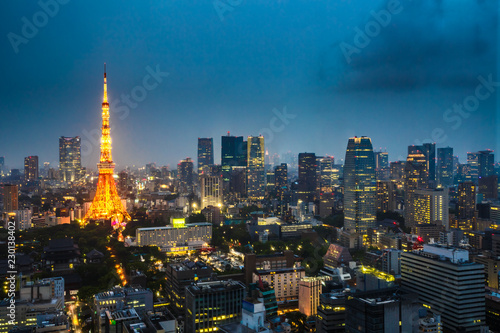 Photography Aerial view of Tokyo Skyline at dusk with illuminated Tokyo Tower, icon and landmark of Minato Distric in Tokyo, Japan