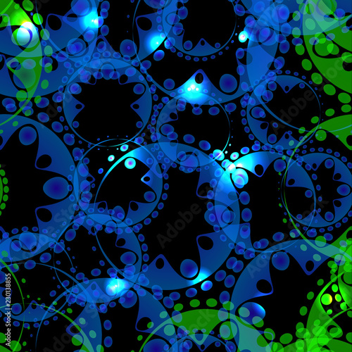Vector abstract glowing pattern of gears and spheres in green and blue design on a black background for fabrics or festive attributes.
