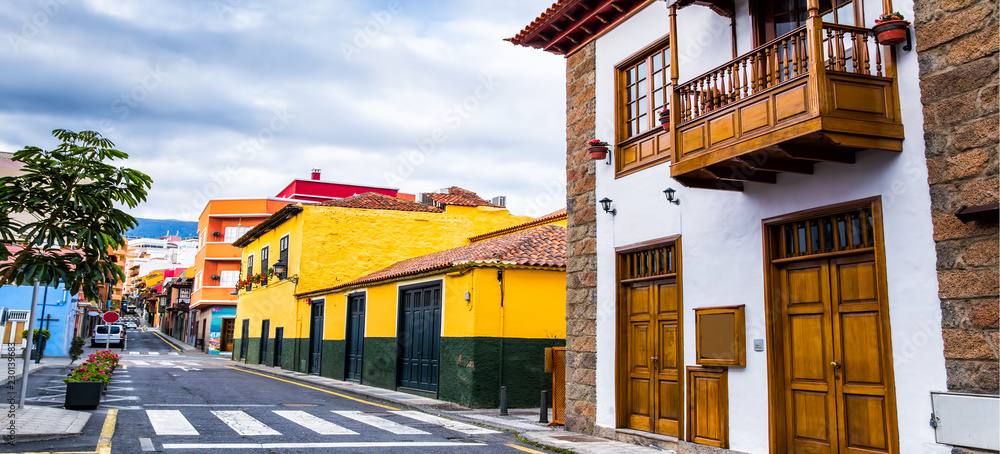 Tenerife. Colourful houses on street in Puerto de la Cruz town, Tenerife, Canary Islands, Spain