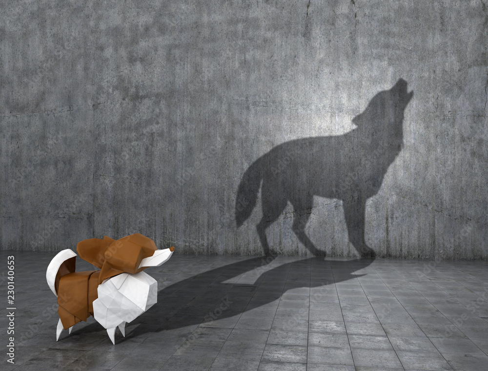 Concept of hidden potential. A paper figure of a dog that fills the shadow of a wolf. 3D illustration - obrazy, fototapety, plakaty 