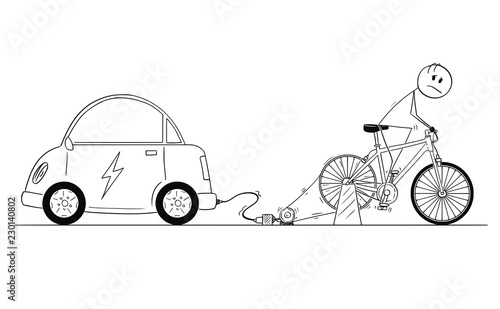Cartoon stick drawing conceptual illustration of man riding hard on bicycle power generator to charge his electric car battery.