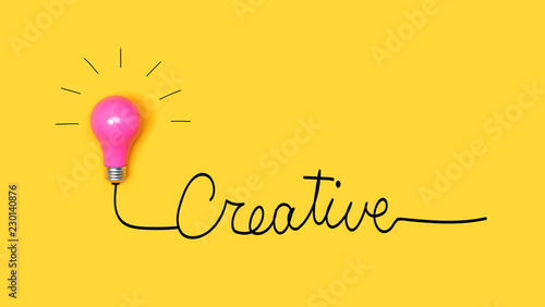 Creative hand wiriting text with light bulb photo