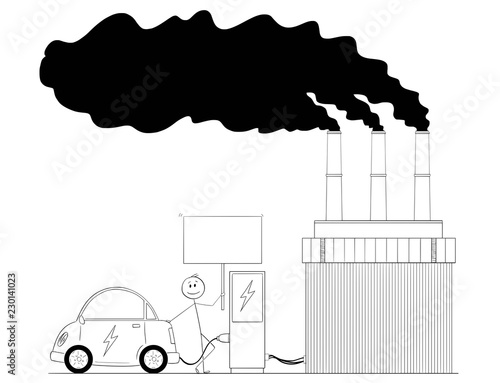 Cartoon stick drawing conceptual illustration of man charging electric car by power from coal power plant and holding empty sign for your text.