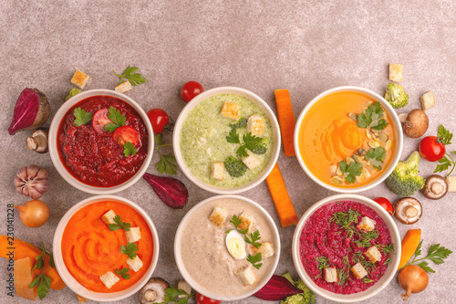Variety of colorful tasty vegetables cream soups and fresh ingredients
