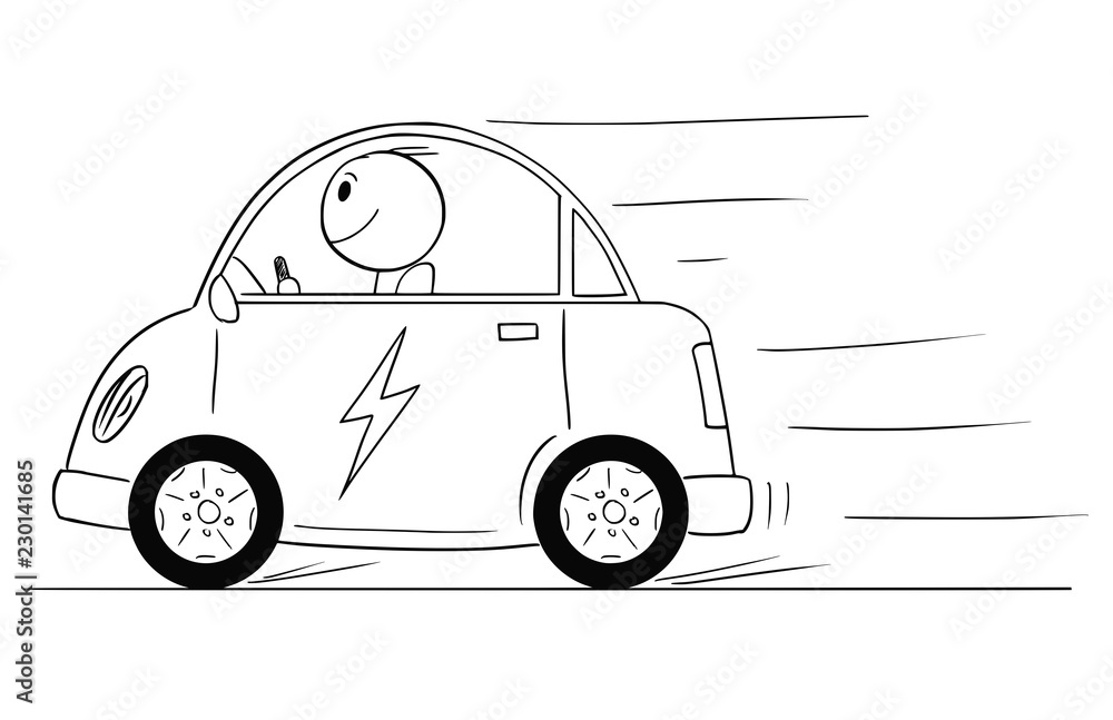 Cartoon stick drawing conceptual illustration of happy man driving electric  car. Stock Vector | Adobe Stock