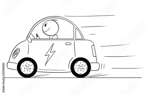 Cartoon stick drawing conceptual illustration of happy man driving electric car.