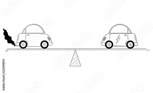 Cartoon drawing conceptual illustration of fuel and electric cars measured on balance scale to compare benefits of both technologies.