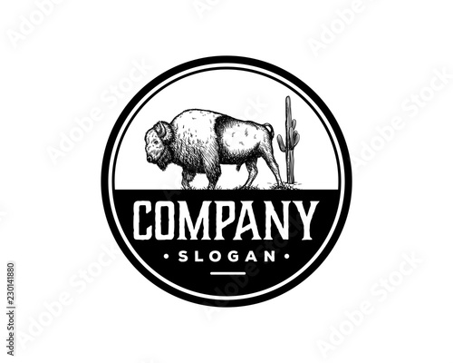 Hand Drawing Vector Buffalo Bull Bison with Cactus Sign Symbol Vintage Animal Circle Logo Template Design Inspiration