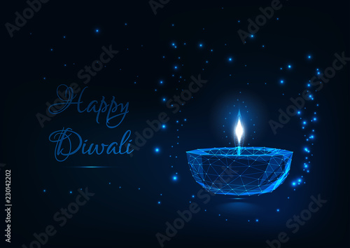 Happy Diwali greeting card template with glowing low polygonal festival lights lamp, stars and text.