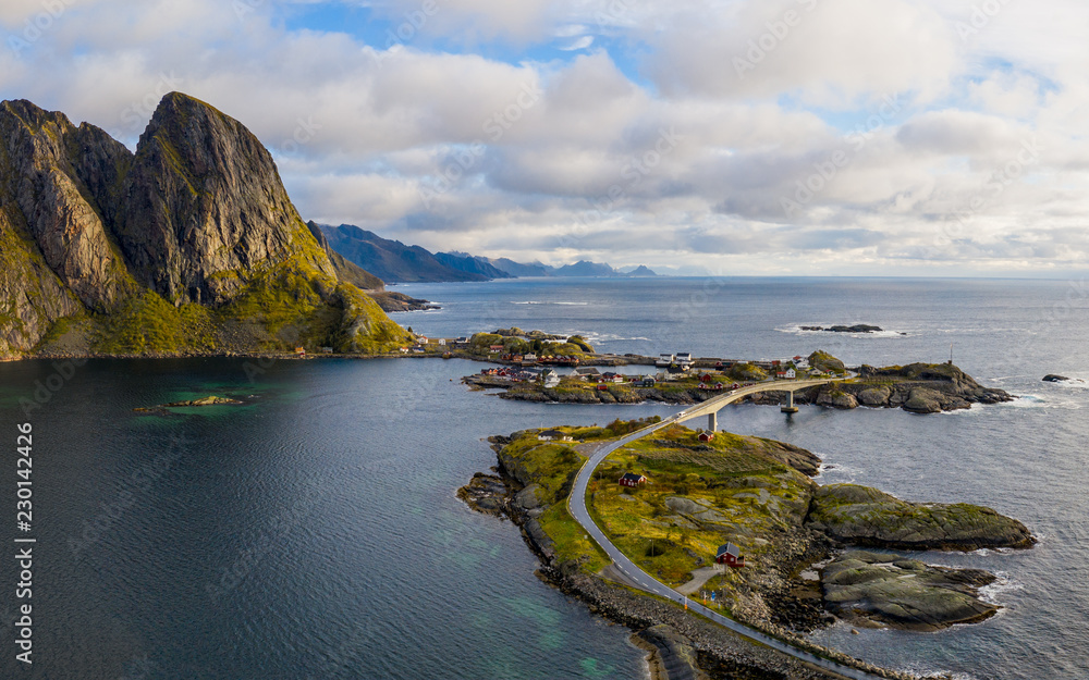 Aerial panorama of Lofoten Archipelago with view of Hamnoy and Lofoten at sunset Aerial panorama of Lofoten Archipelago with view of Hamnoy and Lofoten at sunset