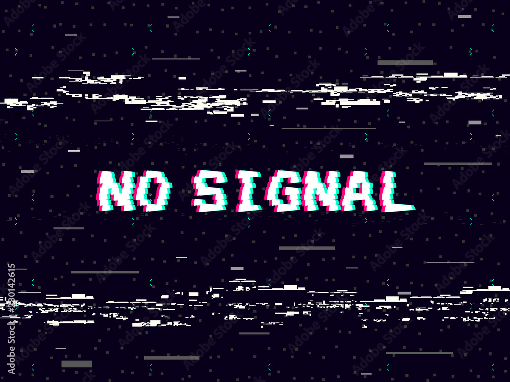 Glitch no signal on black backdrop. Tape distortions and lines noise