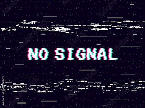 Glitch no signal on black backdrop. Tape distortions and lines noise. Retro VHS background. Old video template. Pixel digital noise. Vector illustration