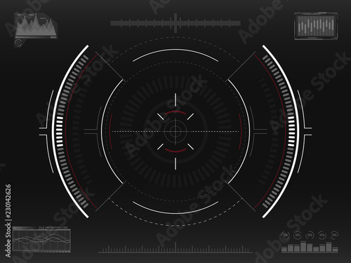Aim system. Futuristic aiming concept. Modern crosshair. Sci-fi HUD interface. UI with infographic elements. Spaceship screen concept. Vector illustration