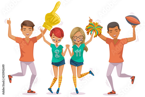 College Sports Teens group in sports at college. Men in the race. one of the symbols in the competition. Excited fans cheer for team on to victory. Colorful lifestyles, higher education.Vector 