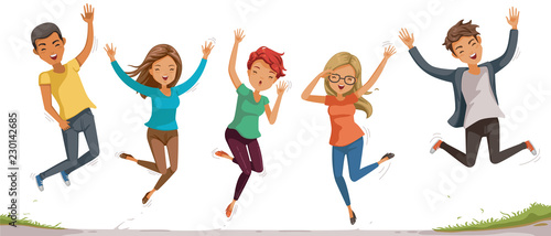 Jumping student. Teenagers jumping happiness together. freedom of feeling.  motion, diversity and people. Commitment of the youth of society concept. Vector illustrations isolated on white background