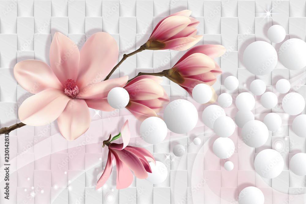 3d wallpaper, magnolia on white abstract background. Celebration 3d  background. Flower theme - this is a trend in design interior. Stock  Illustration | Adobe Stock