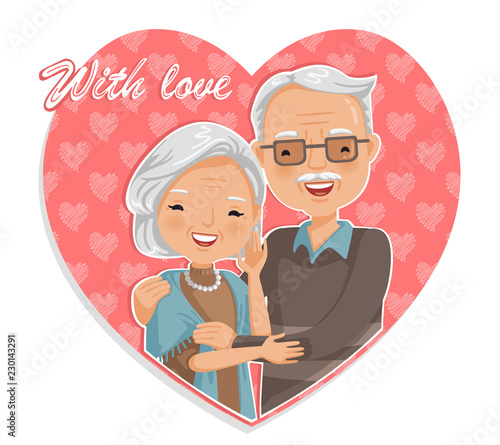 Old man hugged in heart shape, smiling grandfather and grandmother, grandparents day design, elderly day, valentine day, true love concept, longevity.