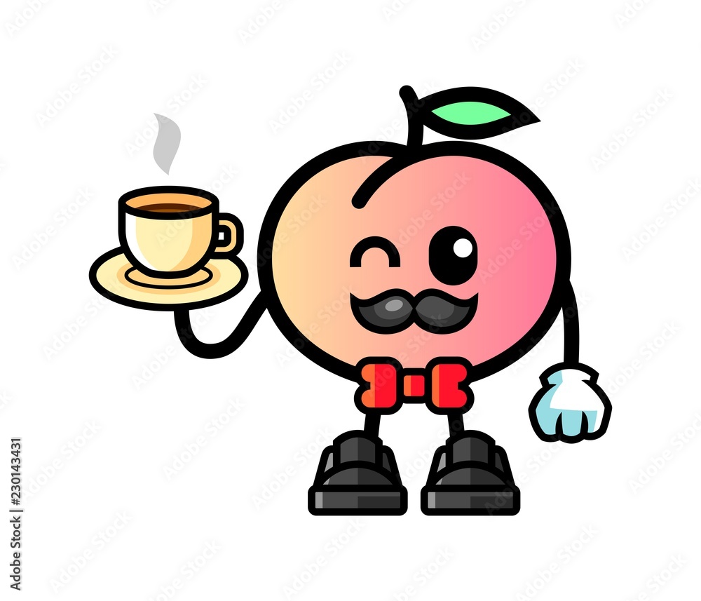 Obraz premium Peach barista mascot cartoon illustration