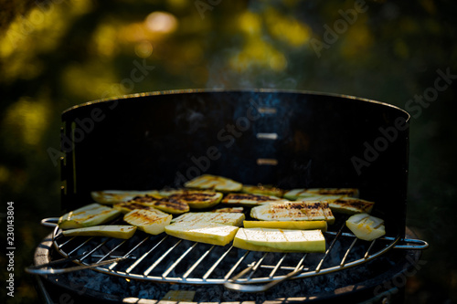 Grilled vegetables on pan on bbq otdoor photo