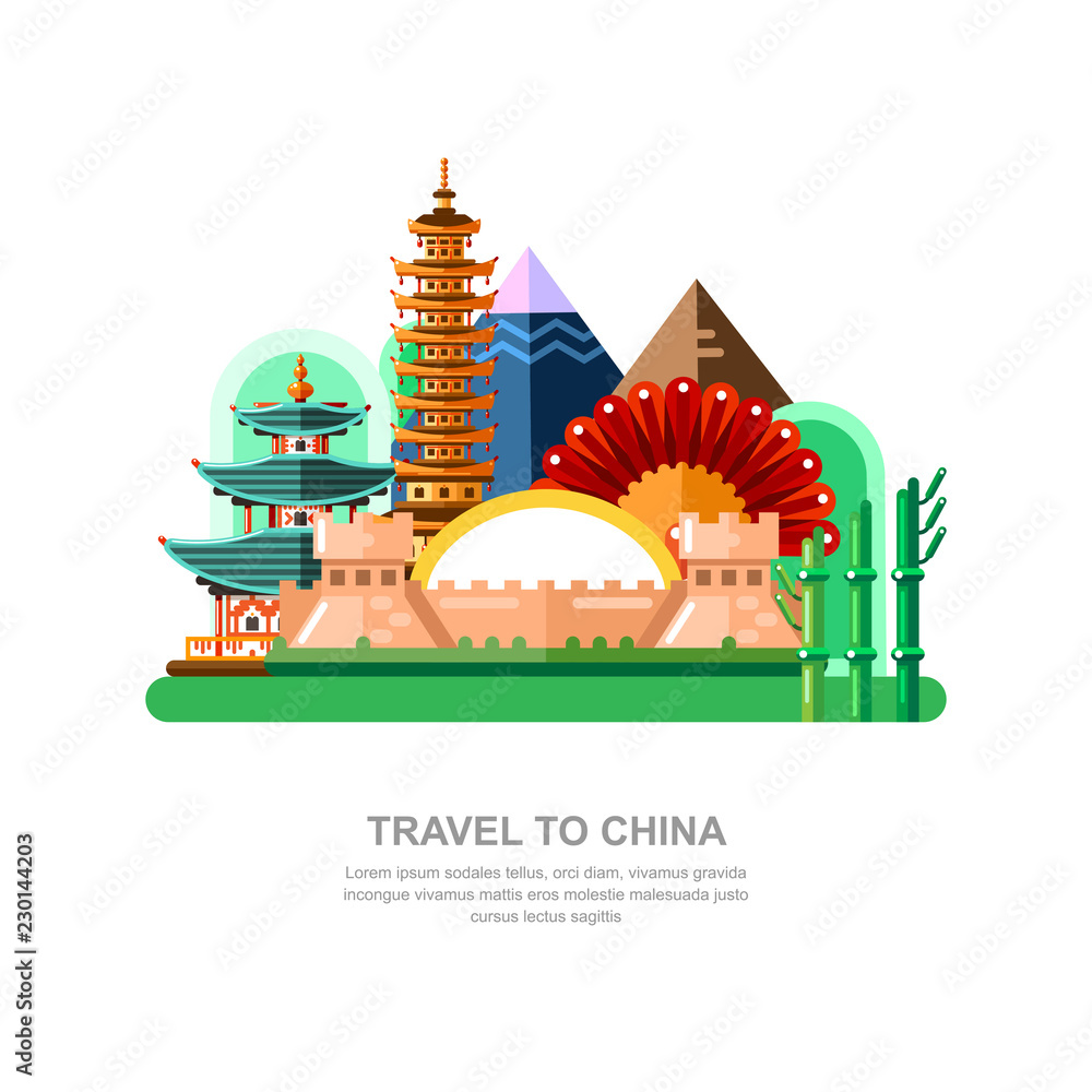 Travel to China vector flat illustration. Chinese wall and other national symbols, landmarks icons and design elements