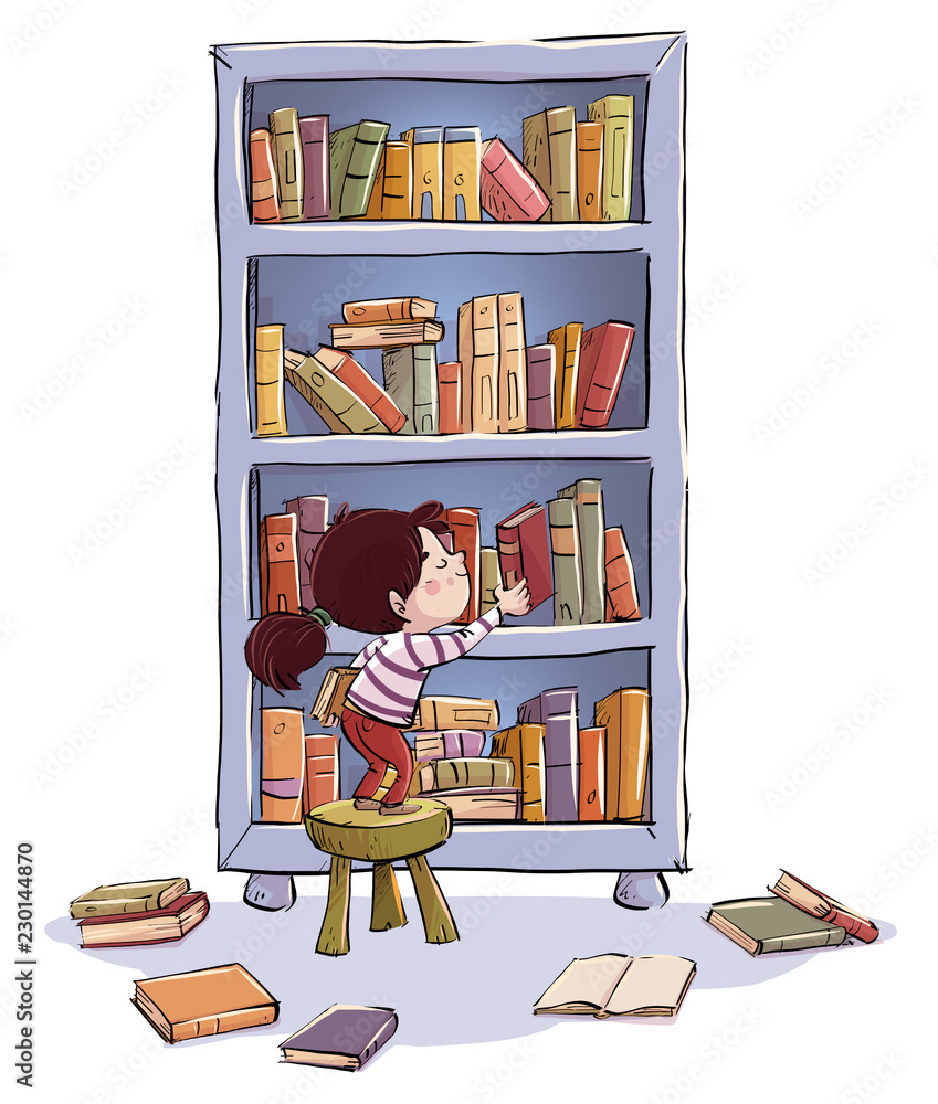 niña libros en estanteria Stock Illustration | Adobe Stock