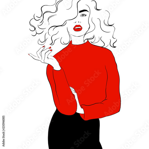 Fashion illustration girl with red lips sketch style. Woman in red sweater, black skirt. Magazine city style poster. Hand drawn fashion model posing. Sketch. Vector illustration. Fashion, style,beauty