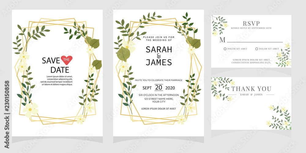wedding card invitation with beauty flowers. Wedding Invitation floral invite Rsvp cute card vector Designs set