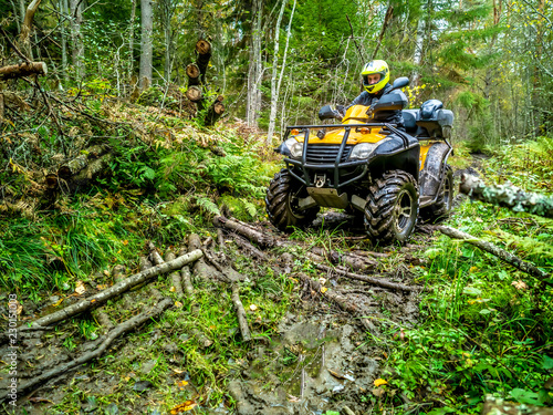 Off-road. A man drives through the marshy part of the forest. ATV. Travel through the forest. All-terrain vehicle. A man controls the ATV.