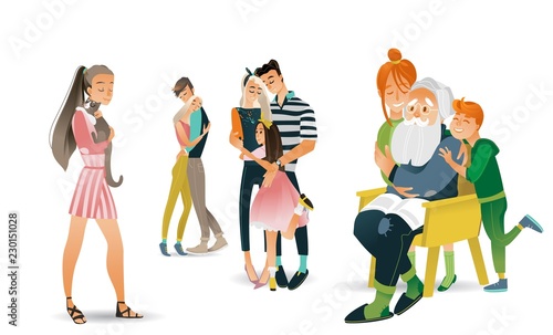 Family hug vector illustration set - various scenes with people embracing each other with love in cartoon gradient style. Isolated cute happy cartoon characters in native relations.