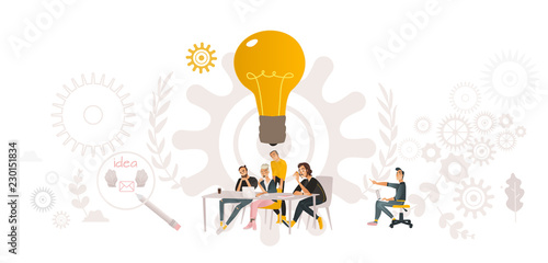 Vector coworking, teambuilding and business communication concept with colleagues, male female office workers, men and woman sitting at table looking at laptop discussing with gears, light bulb around
