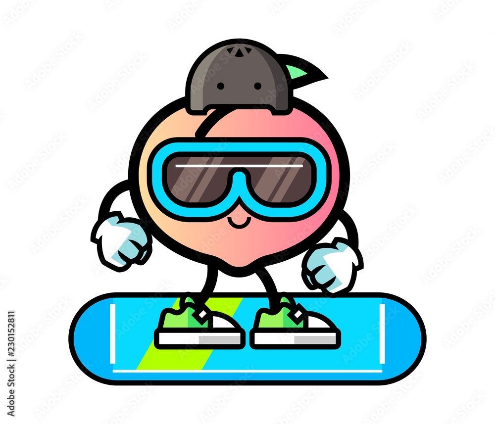 Peach snowboarding mascot cartoon illustration