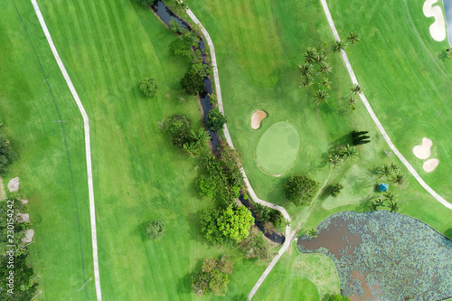 aerial view drone shot of beautiful golf field.