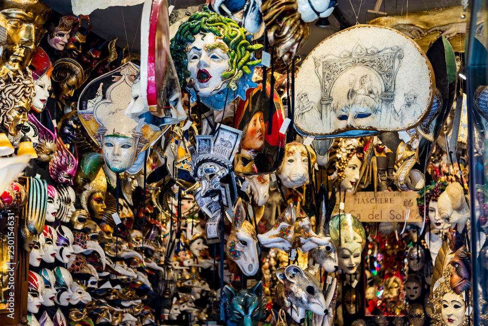 Venetian masks in store display in Venice, Italy
