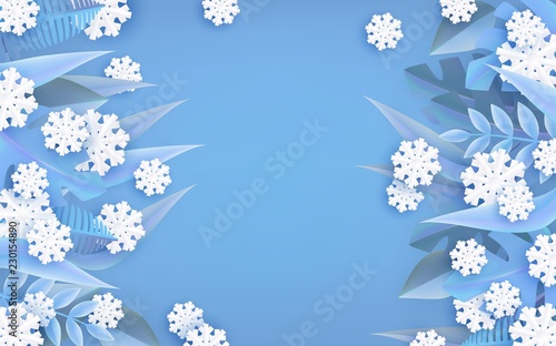 Vector illustration of winter natural border frame with blue tree leaves and white snowflakes in paper art style isolated on blue background - floral seasonal banner with copy space.